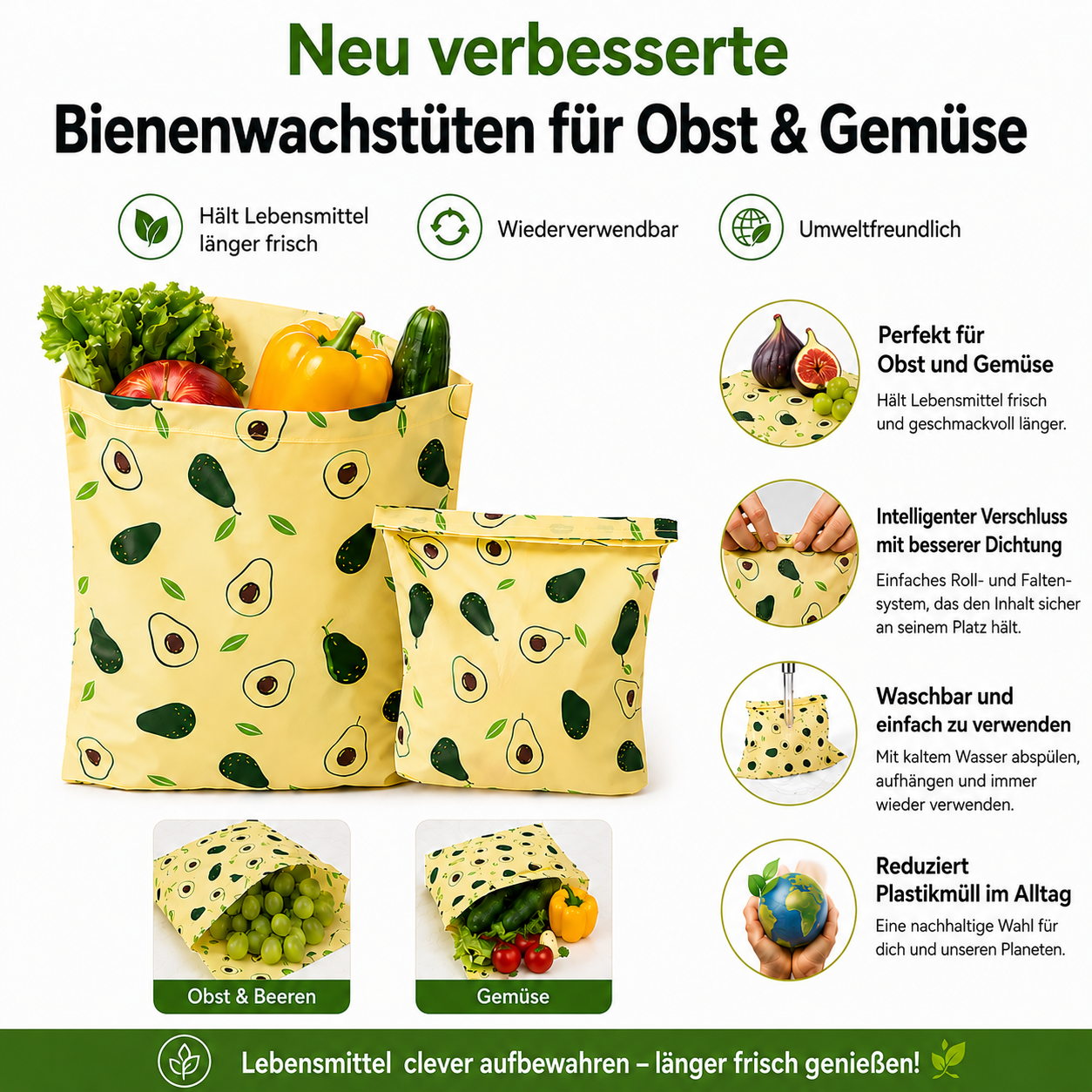Bienenwachsbeutel für Obst & Gemüse – 3er-Pack